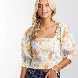 Billabong Floral Puff Sleeve Blouse - Orange and Blue